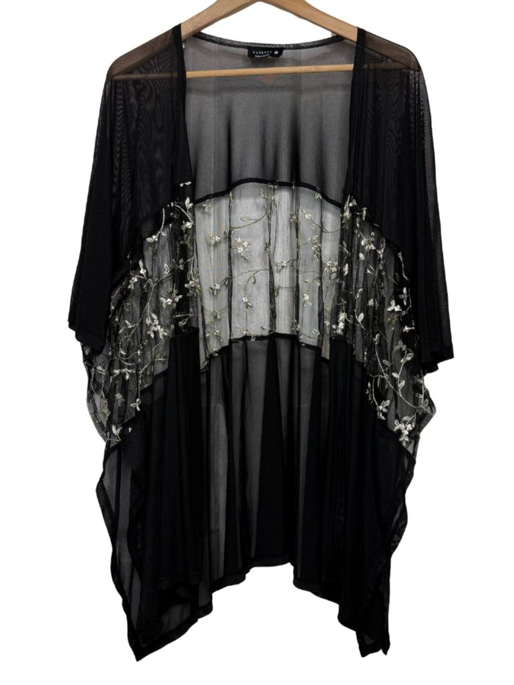 Paperoc Black Floral Sheer Embroidered Mesh Kimono Top Size Large